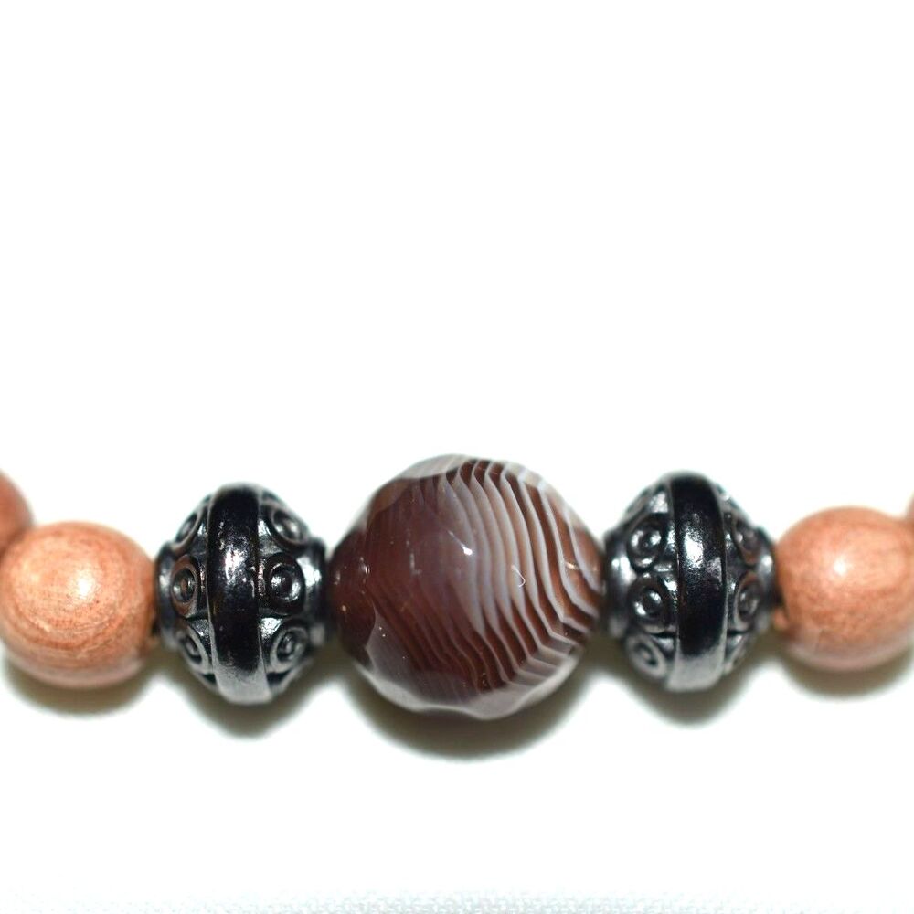 Intriguing Healing Wood Beads/ Agate Center/Black Hematite 6.5" Unisex Bracelet - Picture 2 of 5
